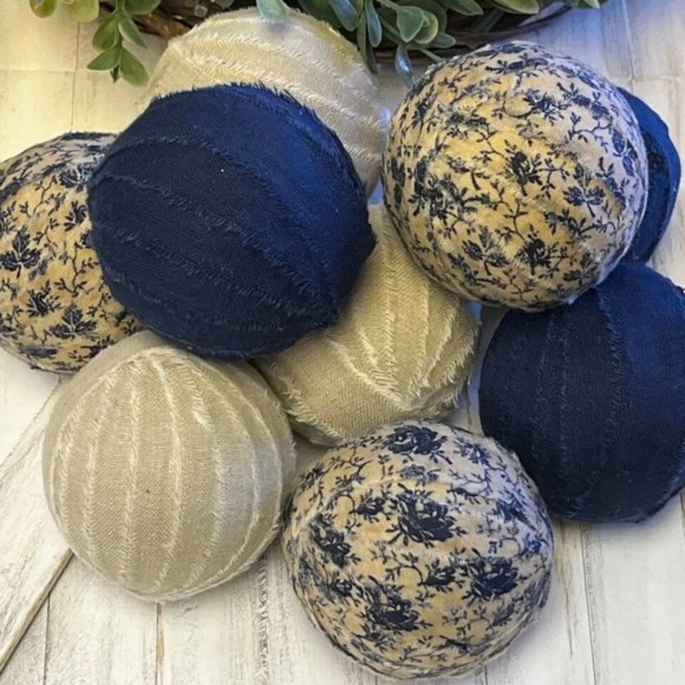 9 fabric rag balls Primitive bowl filler farmhouse decor floral beige blue